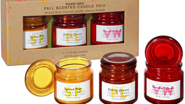 Trader Joe's three-pack of fall-scented candles against white background.