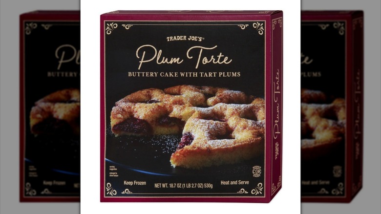 Package of Trader Joe's Plum Torte against white background.