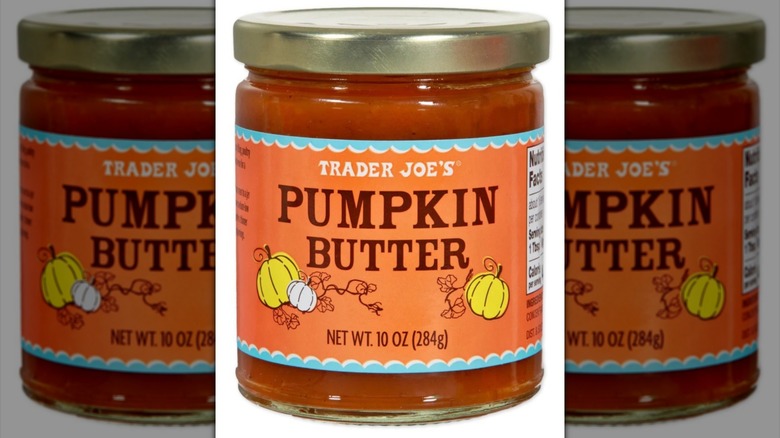Jar of Trader Joe's Pumpkin Butter against white background.