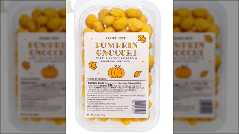 Package of Trader Joe's Pumpkin Gnocchi against white background.