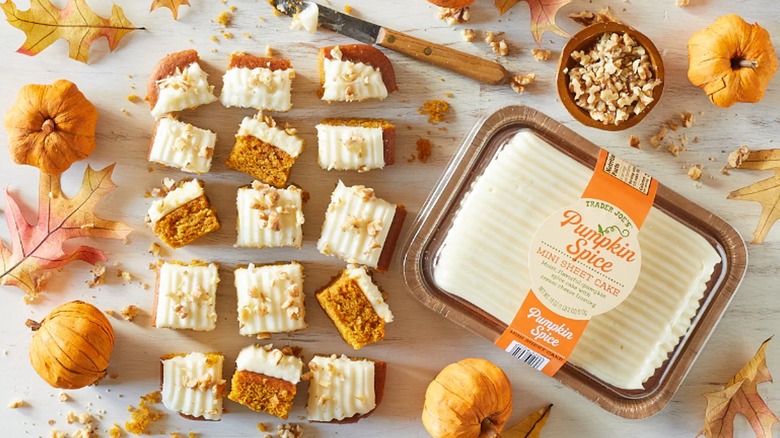 Squares and package of Trader Joe's Pumpkin Spice Mini Sheet Cake with fall decor.
