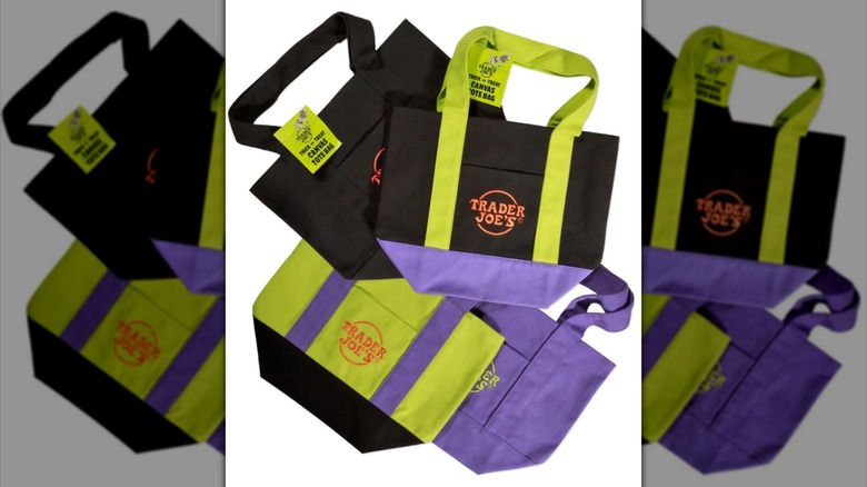 Trader Joe's Assorted Trick-or-Treat Mini Canvas Totes against white background.