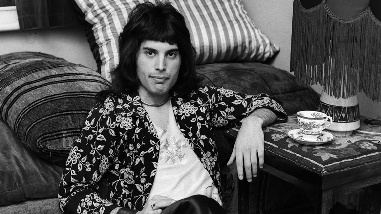 Freddie Mercury seated with cushions in the background and a cup of tea by his side