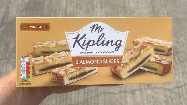 Close-up of a Mr Kipling Almond Slices box