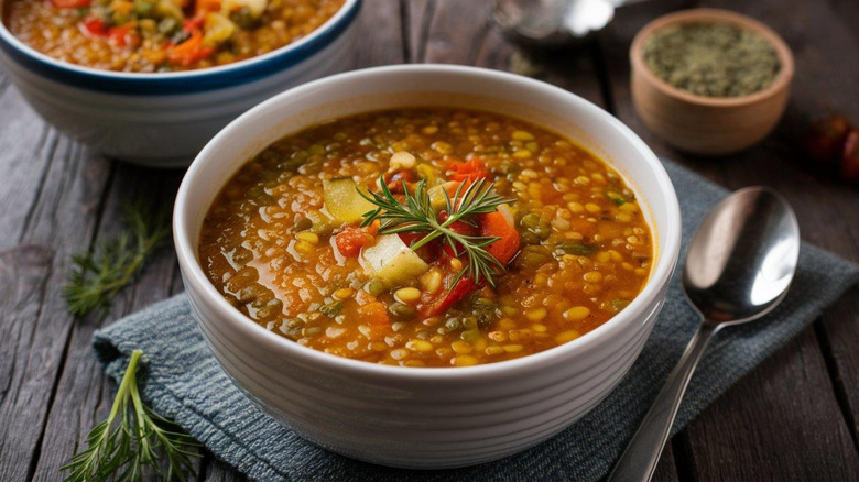 A bowl of lentil soup with vegetables