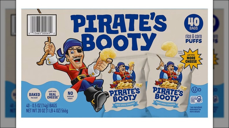 Box of cheddar-flavored rice and corn puff snack packs.