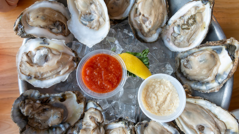 Tray of fresh oysters with sauce on ice