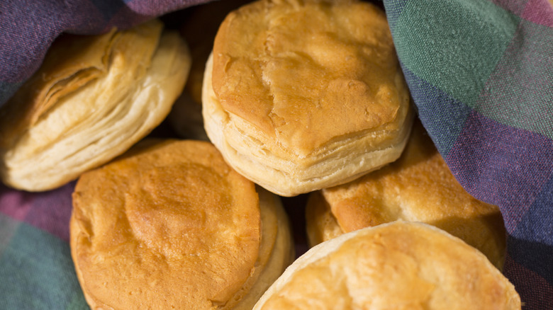 close-up of beaten biscuits in a colorful dish towel