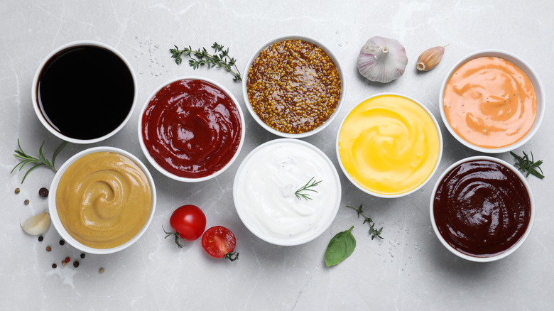 A variety of condiments in bowls spread on a table with fresh herbs, garlic, and tomato