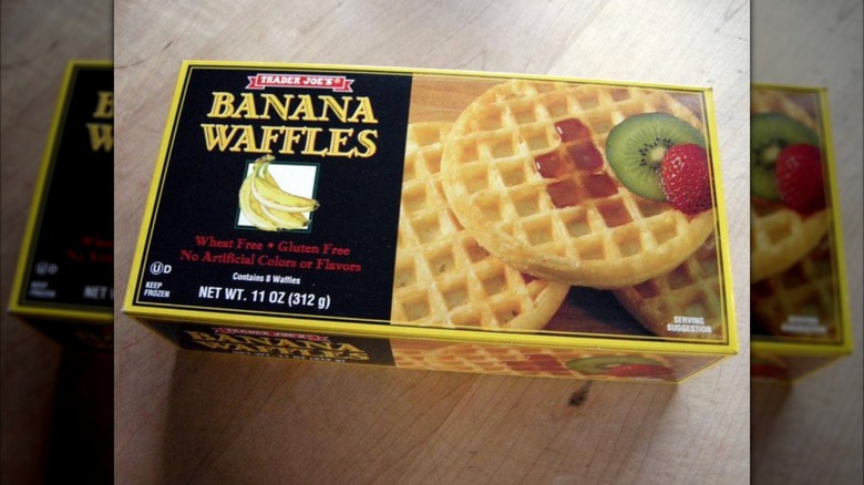 box of Trader Joe's banana waffles on a wooden table