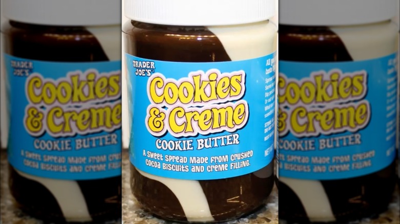 close-up of a jar of Trader Joe's cookies & creme cookie butter spread