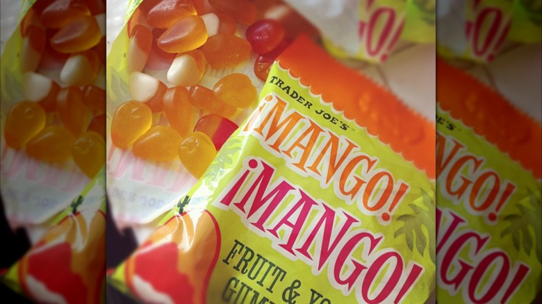 close-up of opened bag of Trader Joe's Mango! Mango! gummy candy