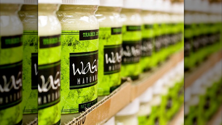 close-up of a shelf lined with jars of Trader Joe's wasabi mayonnaise