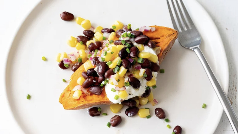Loaded sweet potato on plate