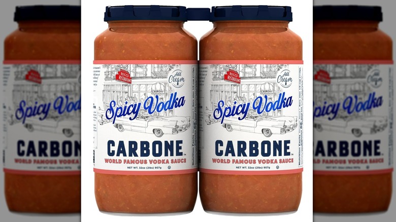 Two jars of Carbone spicy vodka sauce side by side.