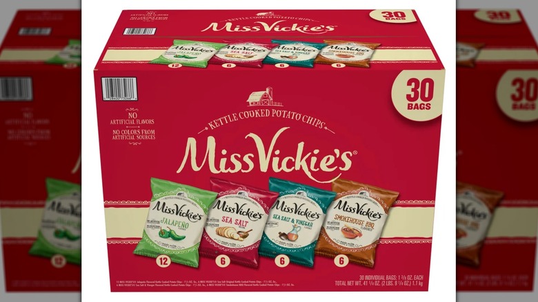 Box of Miss Vickie's variety pack of potato chips with four flavors.