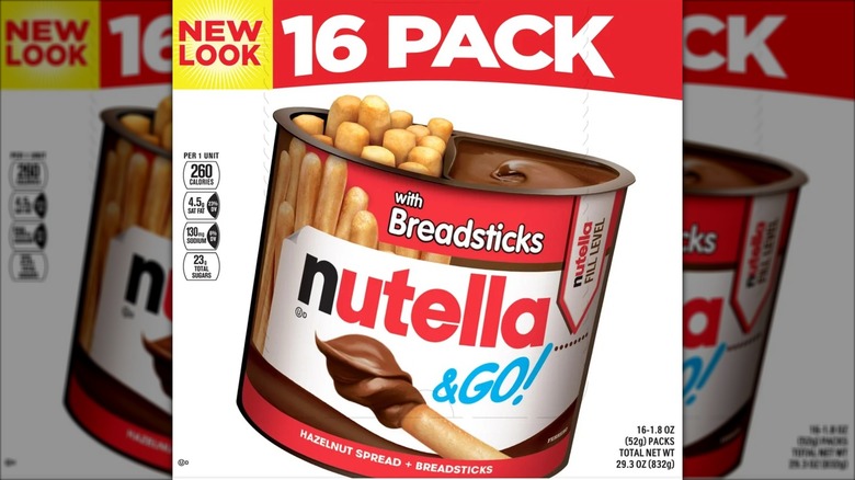Package of portable Nutella with miniature bread sticks for dipping.