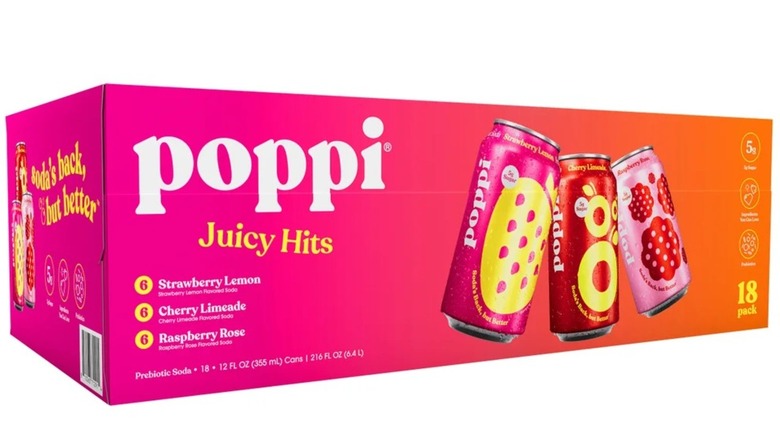 Case of Poppi prebiotic soda with three flavor varieties.