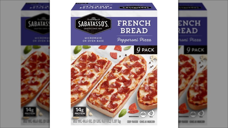 Box of multiple Sabatasso's French bread pizzas topped with pepperoni.