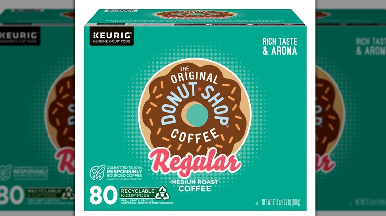 Bulk package of single serving coffee cups in donut shop flavor.