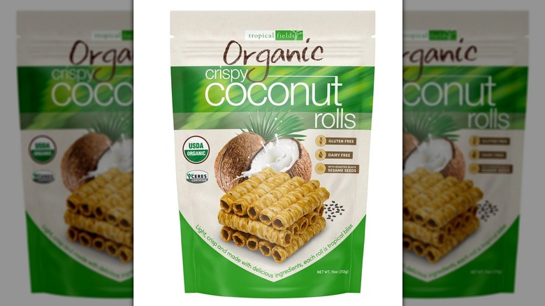 Bag of Tropical Fields organic rolled coconut snacks.