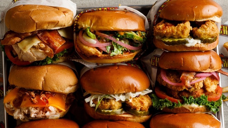 rows of chick n max sandwiches on tray