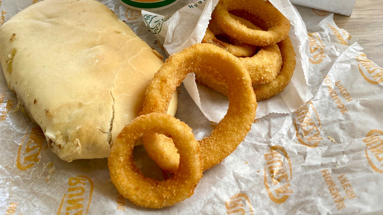 Runza meat sandwich with onion rings
