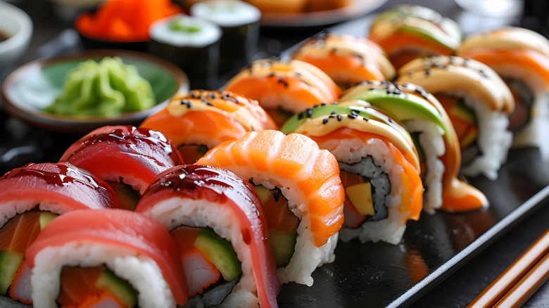 Neatly arranged sushi on a plate
