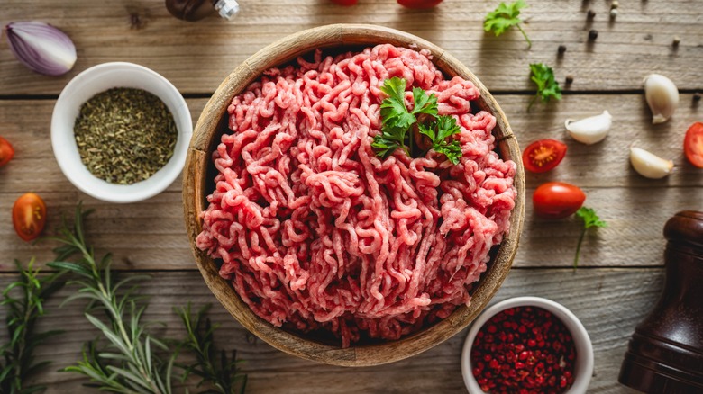 bowl of raw ground beef 