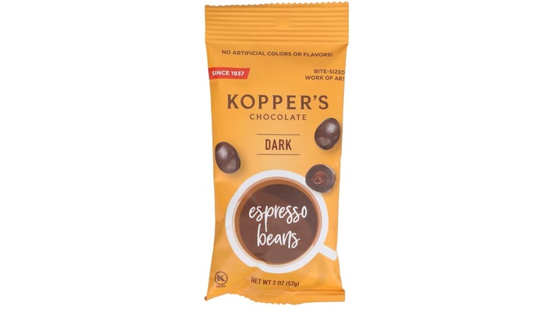 Bag of dark chocolate coated espresso beans