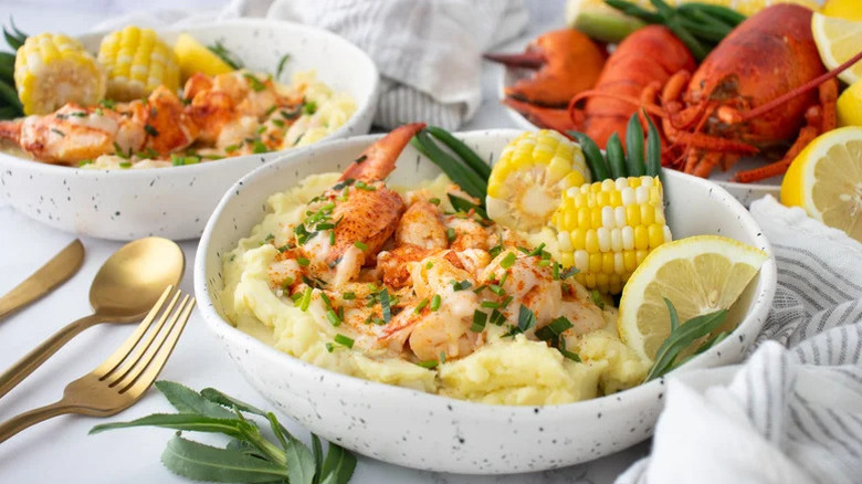dish of lobster topped mashed potatoes