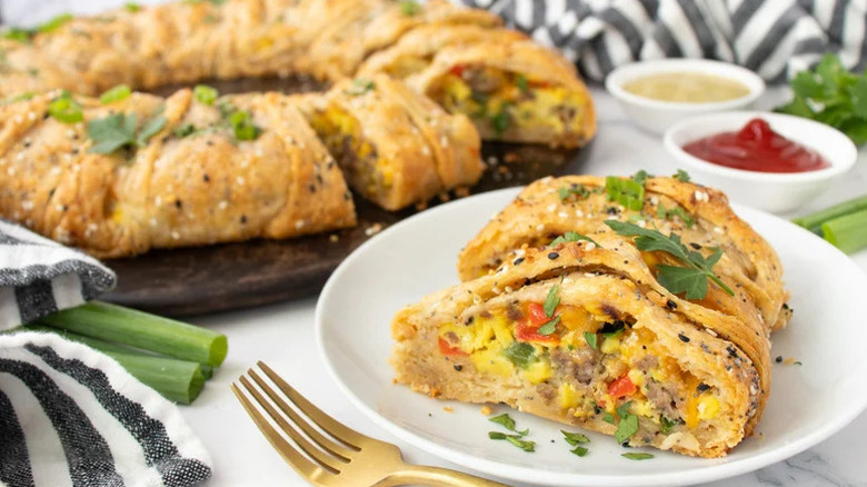 pastry wreath filled with breakfast scramble