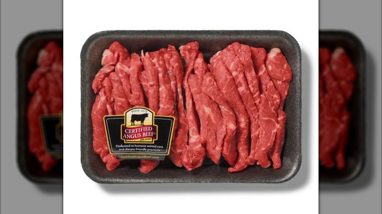 Package of sliced sirloin steak strips.