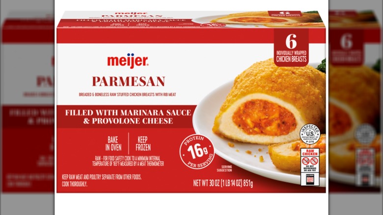 Package of frozen stuffed chicken breasts with cheese and marinara sauce.
