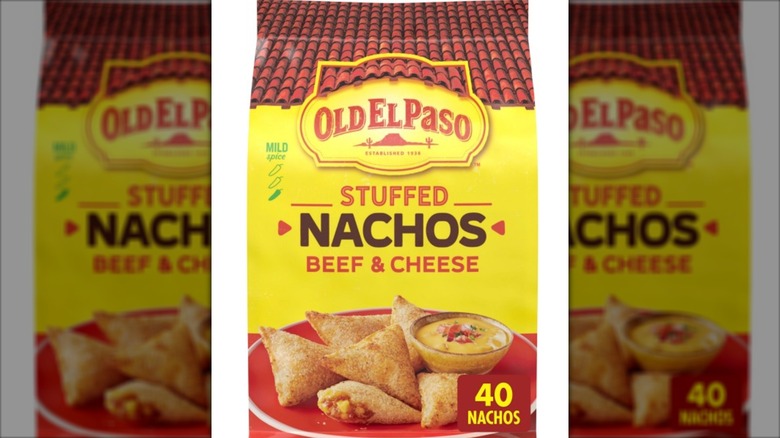 Frozen nacho snacks stuffed with beef and cheese.
