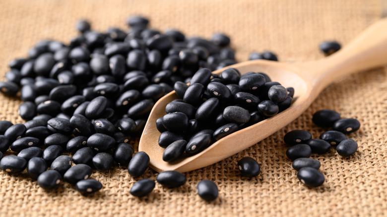 dry black beans in wooden scoop