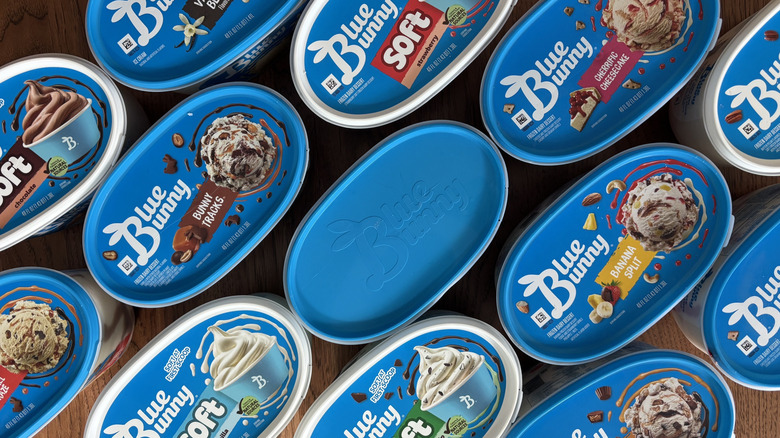 Cartons of Blue Bunny ice cream with flavors on lids