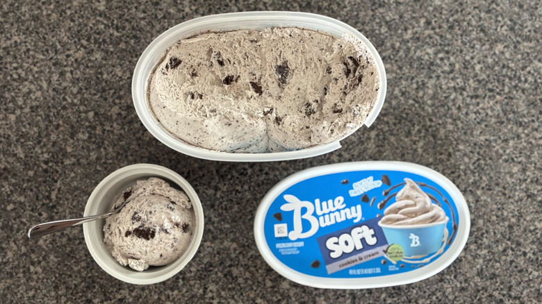 container and bowl of soft serve ice cream with cookie pieces in it