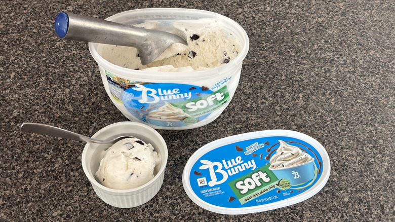 carton of soft serve mint chocolate chip ice cream with scoop in container