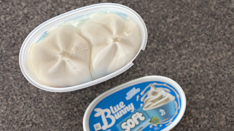 top view of soft serve vanilla ice cream in Blue Bunny carton