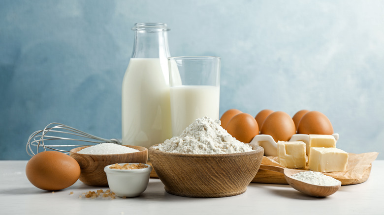 milk, flour, eggs and cake ingredients