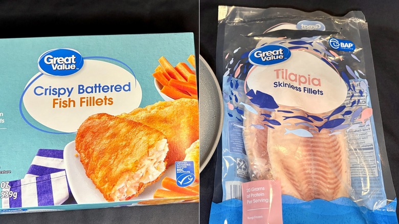 Great Value crispy battered fish fillets and tilapia skinless fillets from Walmart