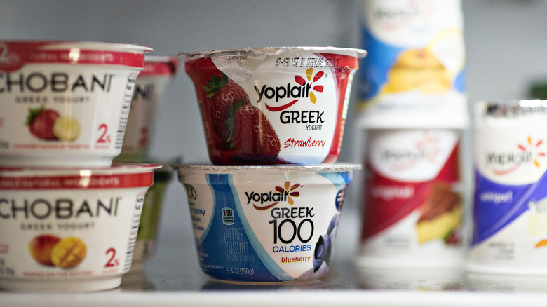 Shelf of various yogurt products
