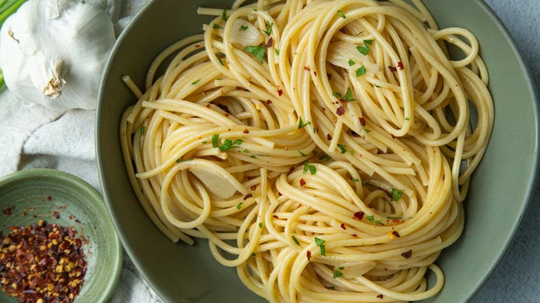bowl of spaghetti with garlic and olive oil