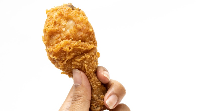 Person holding fried chicken drumstick 