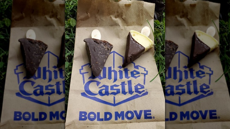 Fudge dipped brownie and cheesecake on a White Castle paper bag