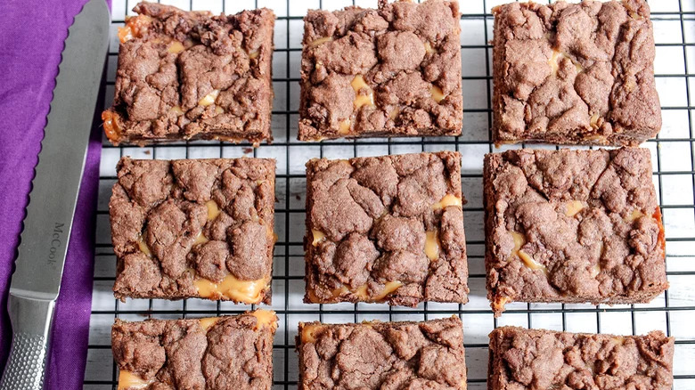 Chocolate Caramel Cookie Bars on rack