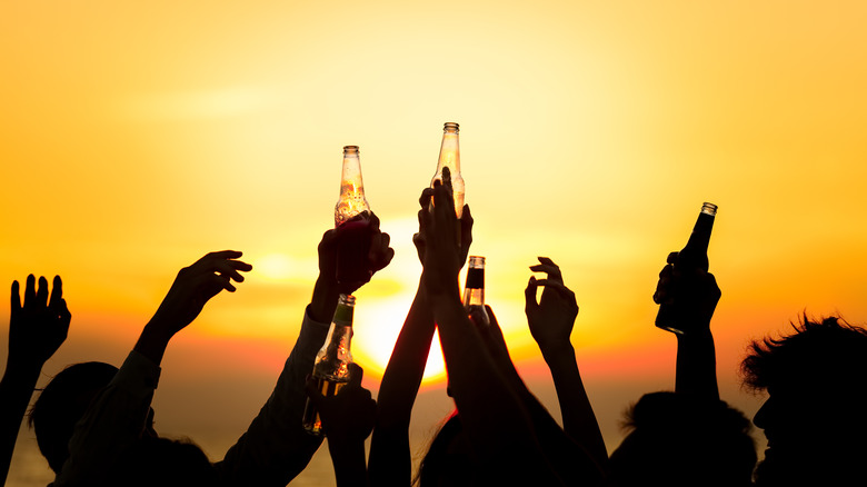 people holding beer bottles aloft low sun background