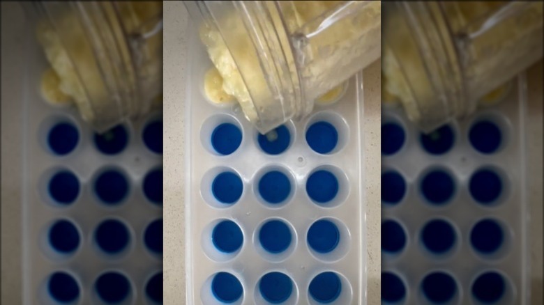 pouring lemon into ice cube tray