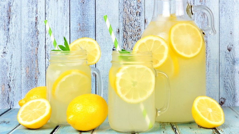 lemonade in pitcher and vintage glasses